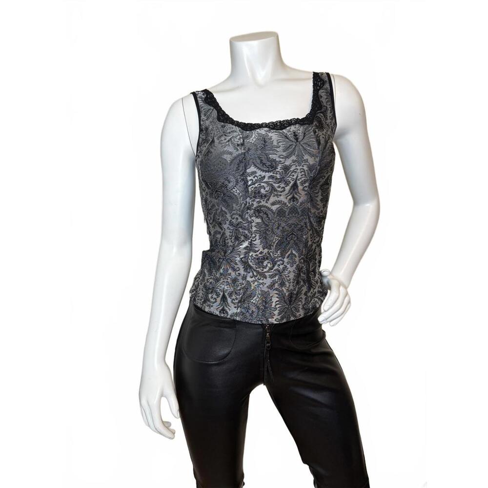 Arianne Women’s Black Gray Jacquard Lace Trim Corset Style Tank Top Size XS